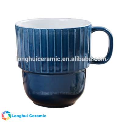 600ML vertical stripe embossed ceramic stackable coffee mug large